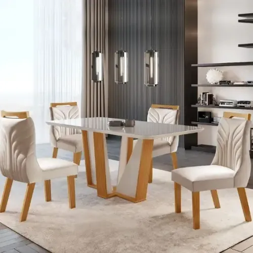 Mesa de Jantar Veneza com 4 cadeiras 135x90cm Tampo de MDF/Vidro Novo