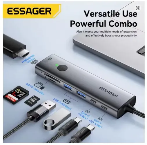 Hub Usb-c Essager 7 Em 1 Adaptador Hdmi 4k Leitor Cartão Sd