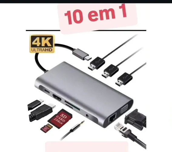 Adaptador Hub 10 em 1: Lan, HDMI, VGA, USB tipo c, micro SD, P2, entre outros...