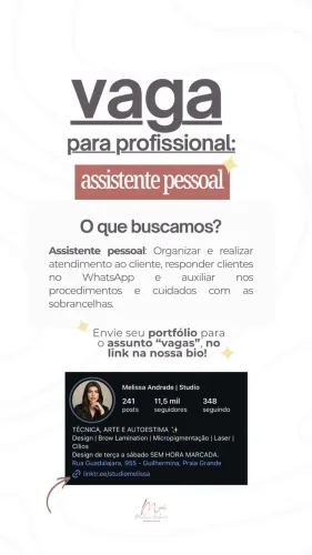 Vaga para assistente com experiência em design de sobrancelhas
