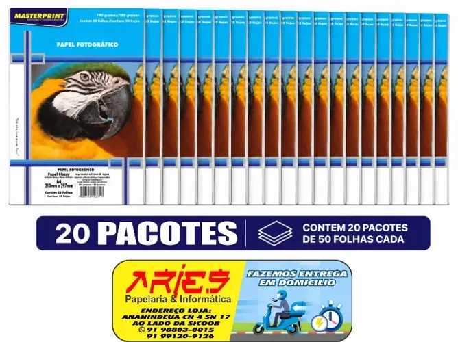 20 PACOTES PAPEL FOTO MASTERPRINT GLOSSY A4 180G 50 FOLHAS