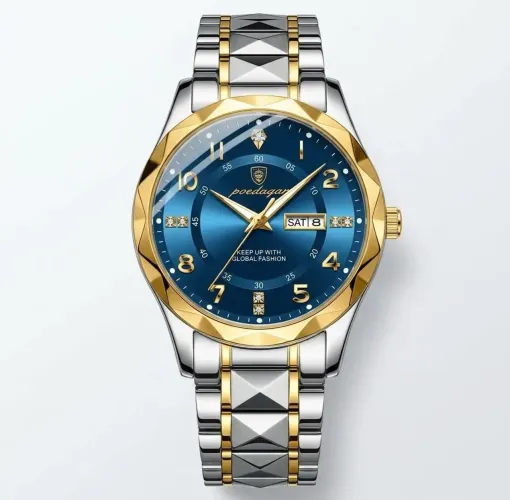 Relógio Inox Deluxe 858 Golden BLUE Inox P615 Bisel Octogonal Pulseira Inox Dourado Belo