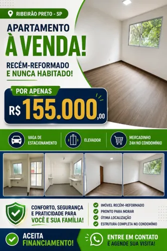 Apartamento em Ribeirão Preto, 2 Quartos, Reformado, Vaga de Estacionamento e Elevador