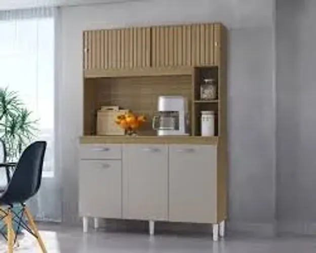 Armário de Cozinha Duda 5Pts 1Gv Damasco Ripado 3D.Off White Poquema - Entrega Rápida!