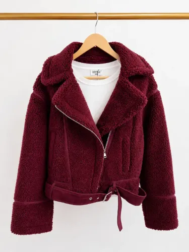 Jaqueta Teddy Marsala Feminina Peluciada com Cinto