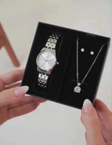 Kit Relógio Feminino com Colar e Brincos Ponto de Luz - Elegância e Sofisticação