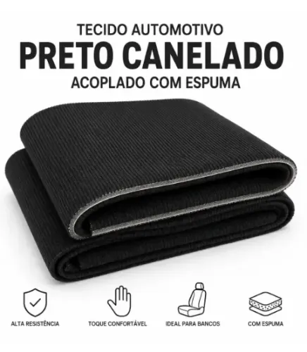 Tecido Automotivo Preto Canelado Acoplado com Espuma - 1 Metro