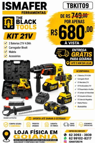 PARAFUSADEIRA IMPACTO + MARTELETE ROMPEDOR +02 Baterias21V 4000mA TBKIT09 THE BLACK TOOLS