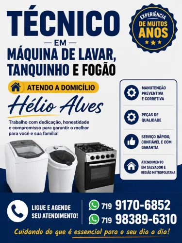 Técnico em Máquina de lavar ,Tanquinho e Fogões