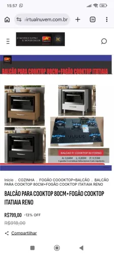 BALCÃO PARA COOKTOP 80CM E FOGÃO COOKTOP ITATIAIA