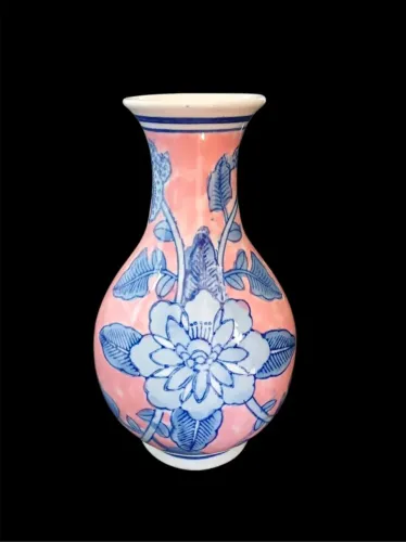Vaso Porcelana Chinesa Anos 70 Chinoiserie Azul e Rosa