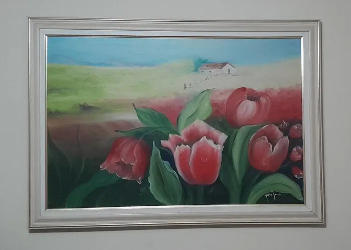 Quadro Original Pintura a Óleo - Tulipas - 103x73cm com Moldura