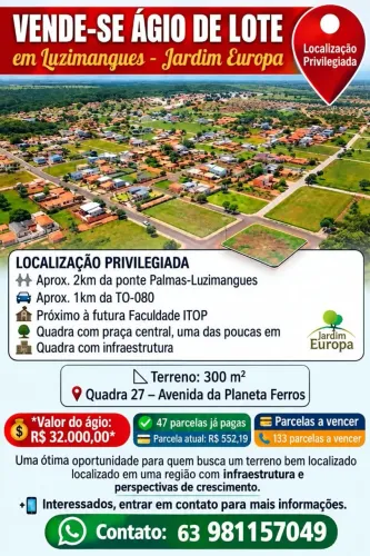 VENDO ÁGIO DE TERRENO EM LUZIMANGUES - JARDIM EUROPA