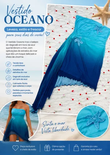 Vestido Feminino Degradê Azul com Aplicações de Estrela-do-Mar