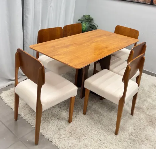 Mesa de Jantar Dubai Flex 160x80cm Sem Vidro e 6 Cadeiras Barcelona em Linho p32