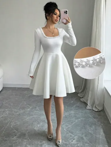 VESTIDO MAGA LONGA COM PÉROLAS