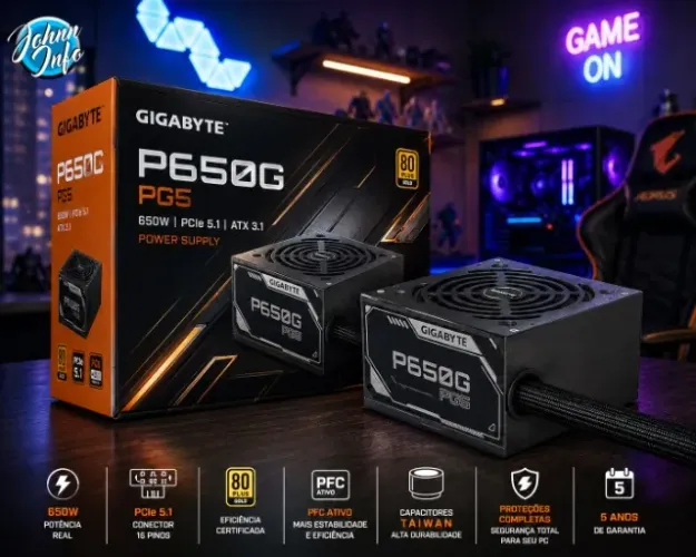 Fonte Gigabyte 650w 80 Plus Gold, P650G PG5 PFC Ativo,