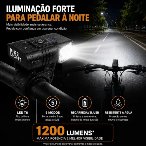 Lanterna Farol Bike Recarregável USB LED T6 1200 Lúmens À Prova d'Água Nova