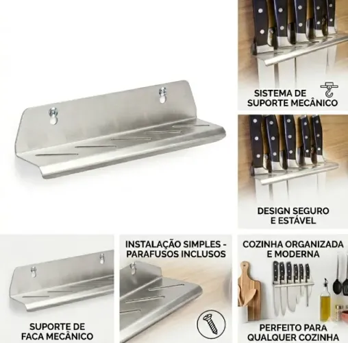 Suporte Facas Inox Escovado 5 Furos Para Parede