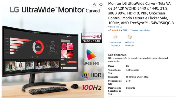 Monitor LG UltraWide Curvo de 34" 100 Hz + Suporte Articulado de Pistão a Gás