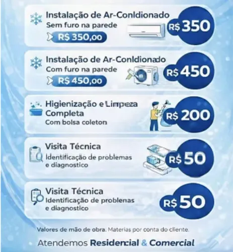 AR CONDICIONADO - INSTALAÇÃO - RECARGÁ DE GÁS - LIMPEZA E HIGIENIZAÇÃO