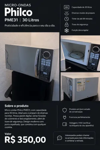 Micro-ondas Philco PME31 30L Espelhado - Usado em Bom Estado