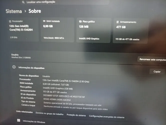 Notebook Lenovo IdeaPad Slim 3i Intel Core i5 13420H 8GB RAM 512GB SSD 15,3"