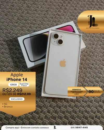 IPHONE 14, 5G, DUAL CHIP FÍSICO, 128GB, BRANCO, EXCLUSIVO!