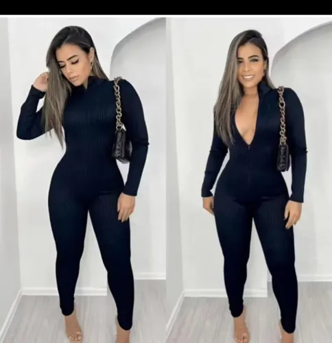 Macacão longo com zíper manga longa preto Ribana canelado
