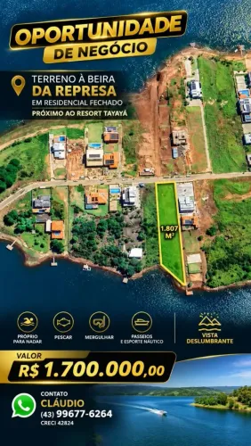Vende-se terreno de 1.807 m2 a beira da represa próximo ao Tayaya . 