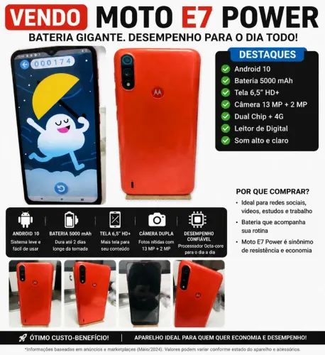Moto E7 Power Laranja - Android 10, Câmera Dupla, Bateria Gigante!