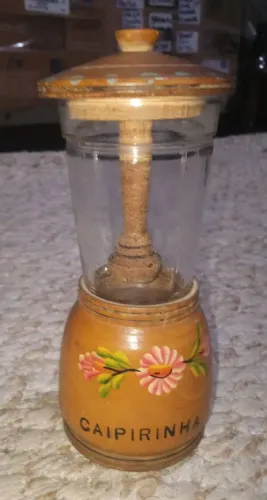 MINI PILÃO DE CAIPIRINHA VINTAGE EM MADEIRA E VIDRO