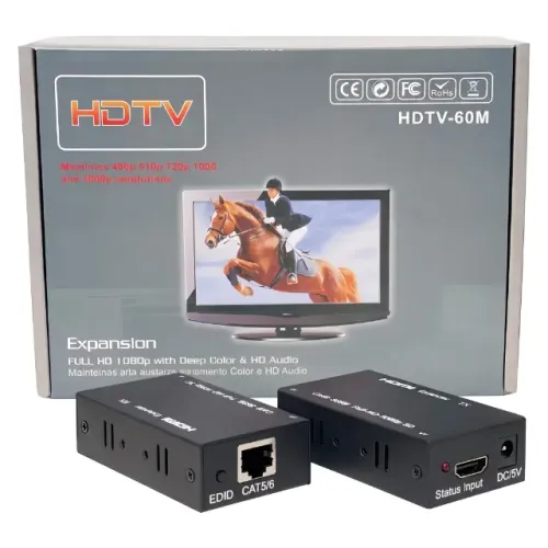 Extensor RJ45 HDMI 60m HDTV-60M Cat6 Cat5e 1080p Bivolt para TV PC PS3 Xbox e Projetor Ful