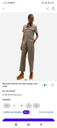 Macacão Feminino de Sarja Verde Militar GG veste 46/48