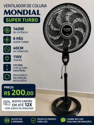 Ventilador de Coluna Mondial Super Turbo 40cm - 140W | 8 Pás | 110V