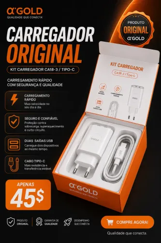 KIT CARREGADOR RÁPIDO AGOLD CA18-3 Tipo-C - ?