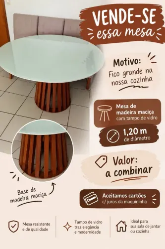 Mesa de Madeira Maciça com Tampa de Vidro