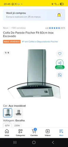 Coifa Fischer 60 cm em aço escovado, 127 V , novo na Caixa