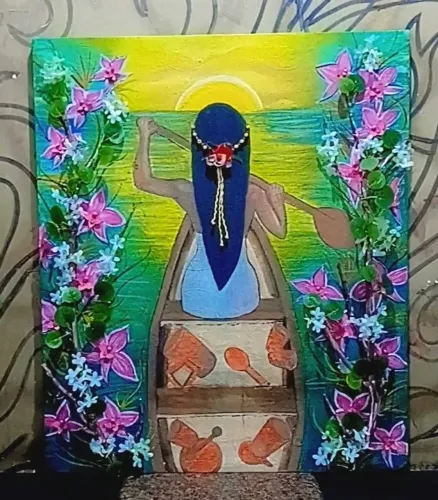 Tela Artística com Indígena e Orquídeas