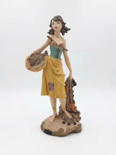 Escultura Italiana Vintage Menina Pescadora Resina Decoração