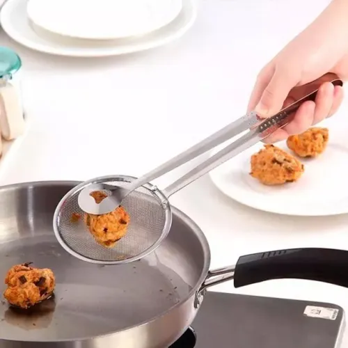 Utensílio Pegador Pinça Peneira Inox Para Grelhados Frituras
