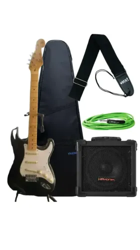 GUITARRA SX VINTAGE SST62 BK + Capa Viason + Amplificadora + Cabo + Correia MXT