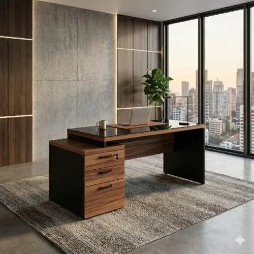 Mesa Pedestal Reta com Vidro 3 Gavetas 1,92x0,70 Nogal Sevilha Preto 21399 Escritório