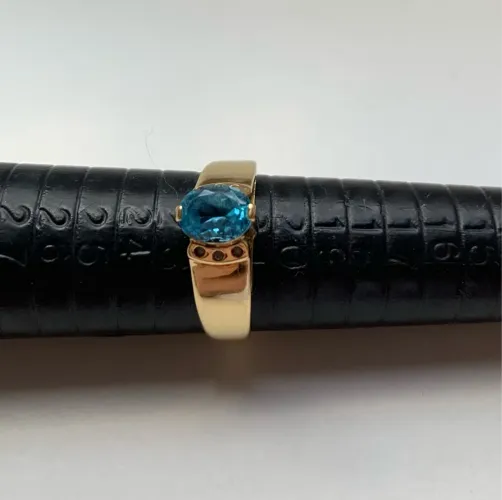 Anel de Topázio Azul Ouro 18 com Diamante