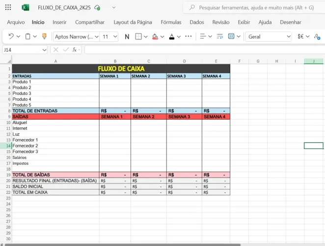PLANILHA EXCEL -Fluxo de caixa 