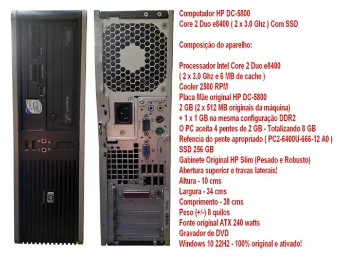 Computador HP DC-5800 Core 2 Duo e8400 ( 2 x 3.0 Ghz ) Com SSD