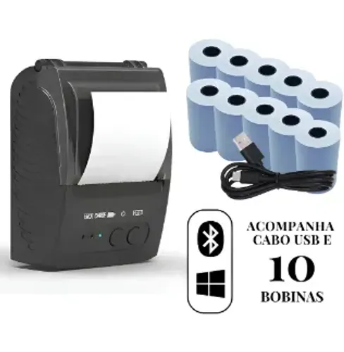 Mini Impressora Termica Usb E Bluetooth Kit C/ 10 Bobinas