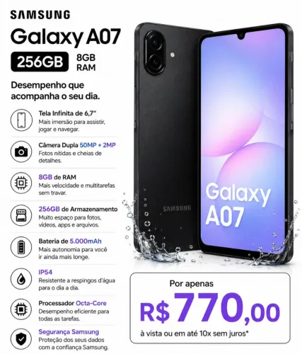 Samsung A07 256GB. Só venda 
