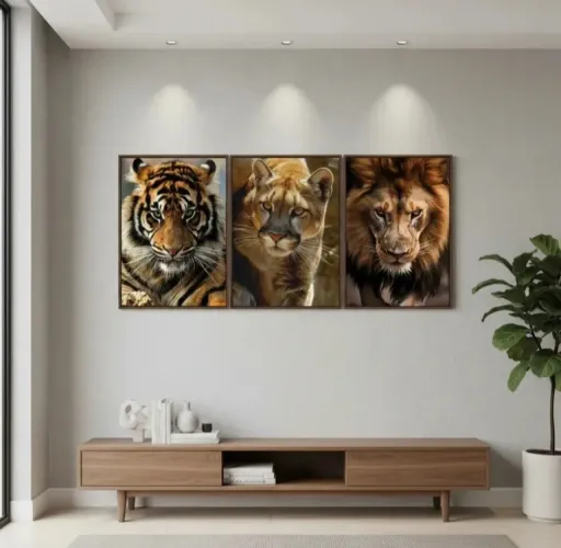 Kit de 3 quadros decorativos de felinos de madeira pinus com adesivo