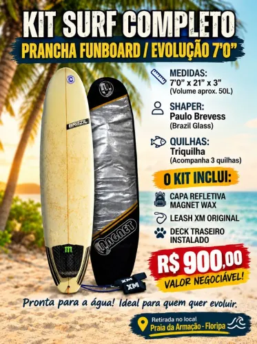 Prancha Funboard de 7 pés, 50 litros, triquilha, indicada p/ iniciantes. Com acessórios.